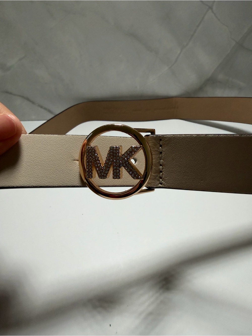 Michael Kors cream round logo buckle leather belt gold tone circle diamonds